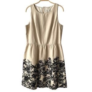 Ann Taylor LOFT Linen Blend Floral Sleeveless Dress 10‎ Beige Black Cottagecore